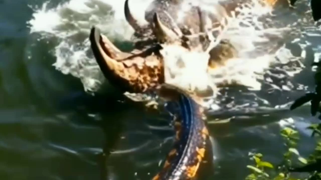 A rhinoceros attacked a giant python in the Amazon River.