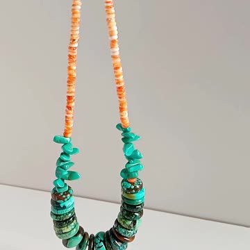 Natural turquoise smooth beads and red spiny oyster chunky pendant necklace 20231023-02-08