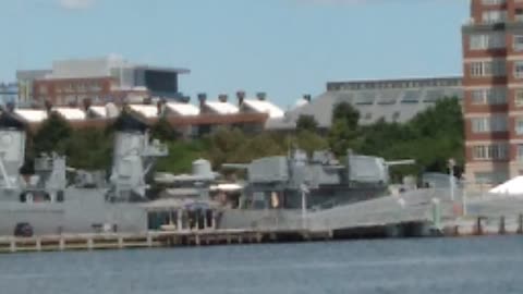 A warship in the harbor