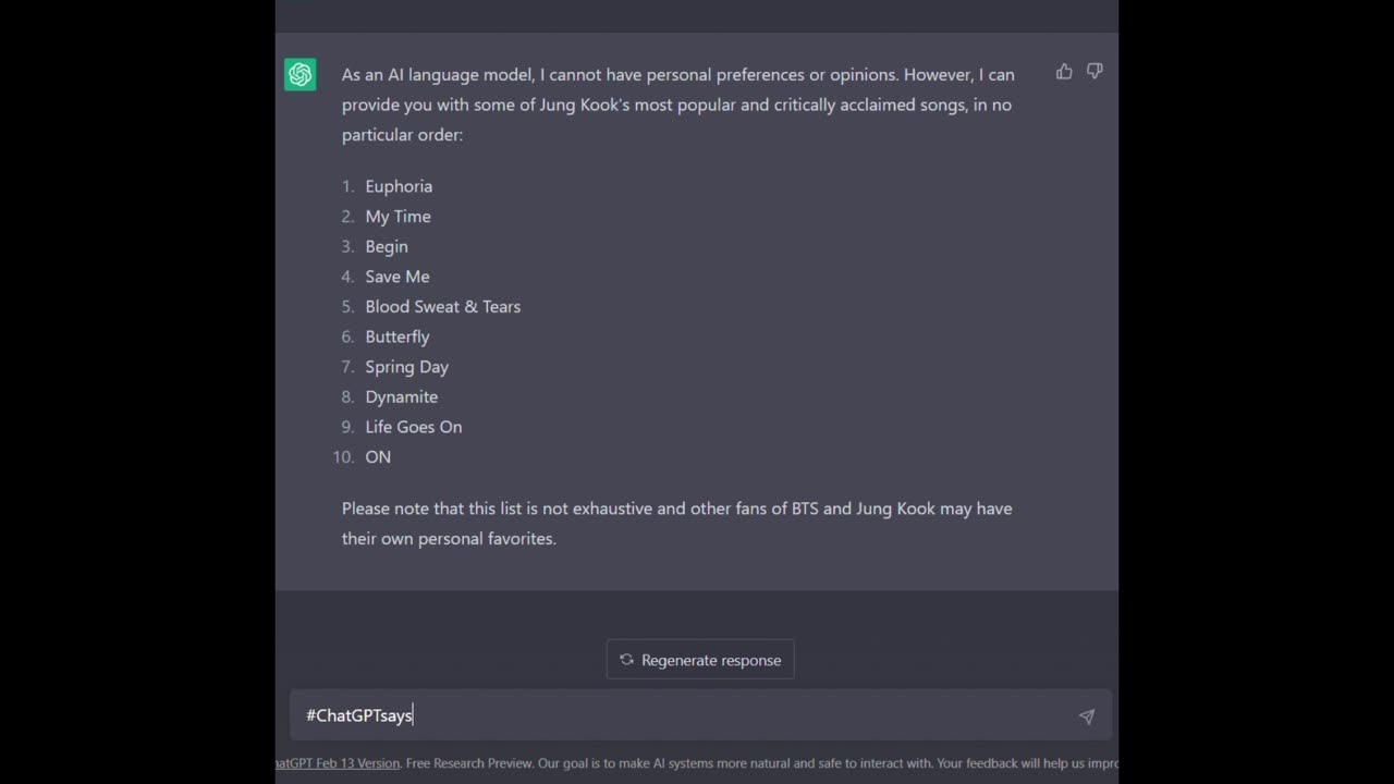 JungKook and Best Songs by ChatGPT