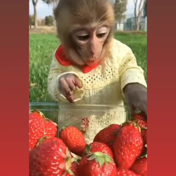 Cute monkey eating stawberry.