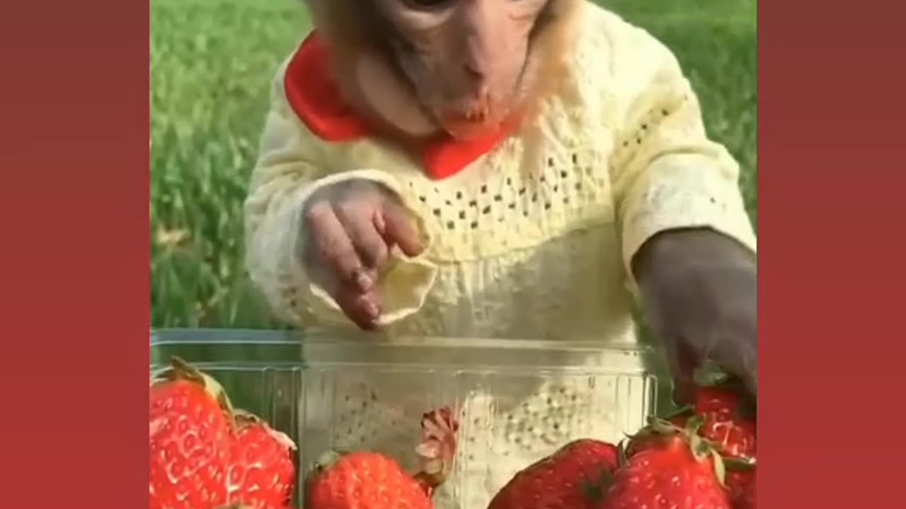 Cute monkey eating stawberry.