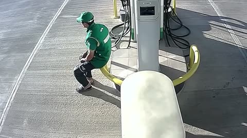 Gas Station Attendant nearly gets Killed by out of Control Driver