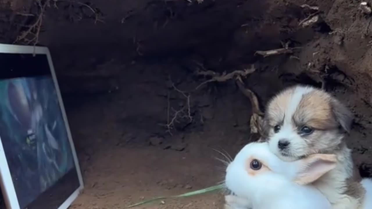 Rabbit and cute dog enjoy video screen funny video