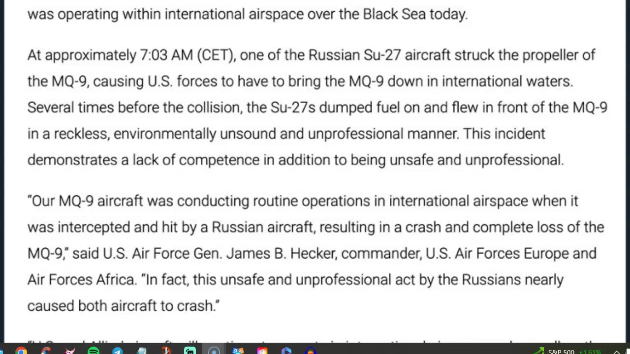 ALERT: Incident Between Russian Su-27 and American MQ-9 Drone Over the Black Sea