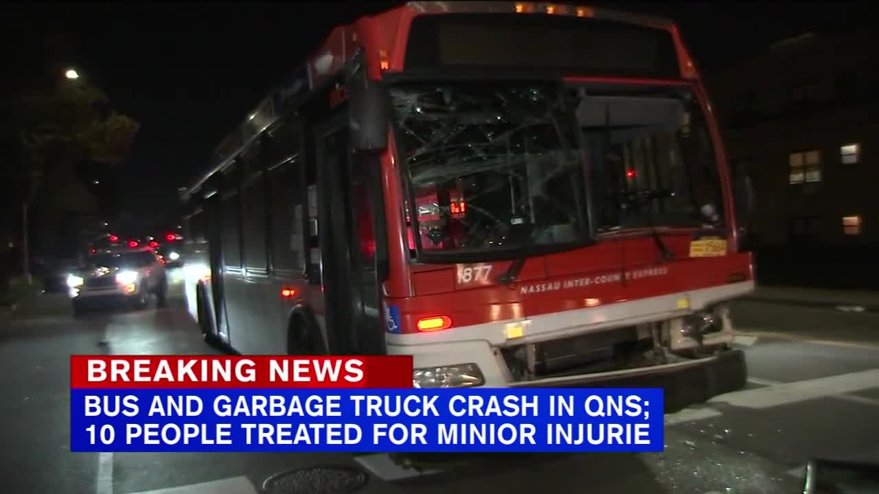 10 hurt after bus collides with garbage truck in Queens