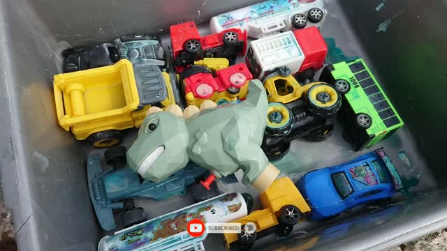 Clean toy cars fire truck, tanker truck, sand truck, excavator, race car, box car, tayo