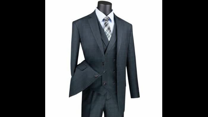 VINCI Men's Charcoal Gray Glen Plaid 3 Piece 2 Button Classic Fit Suit NEW