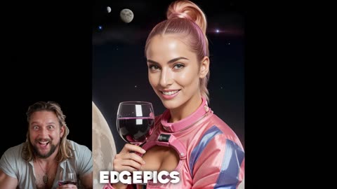 Spanish Supermodels with Pink Hair Wearing Spacesuits Drinking Wine on the Moon