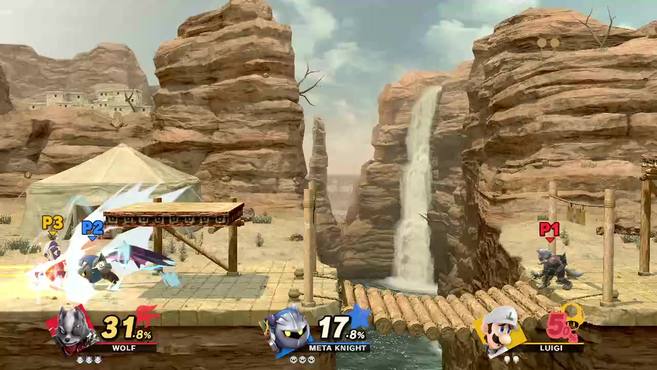 Wolf vs Meta Knight vs Luigi on the Gerudo Valley stage. (Super Smash Bros Ultimate)