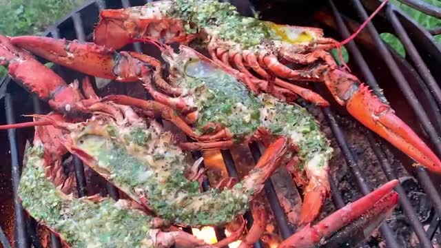 83_Grilled Whole Lobster with Citrus Herb Butter Recipe Over The Fire Cooking #shorts