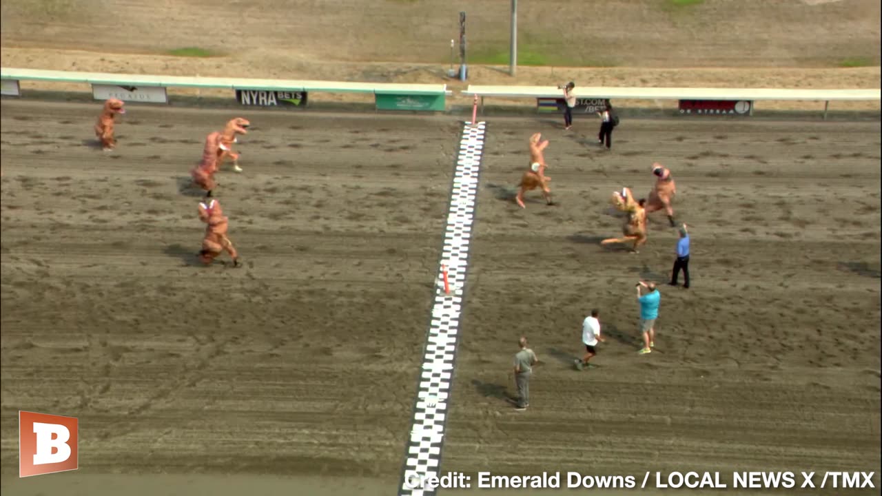 Kids Run Competitive Race in T-Rex Costumes at Emerald Downs