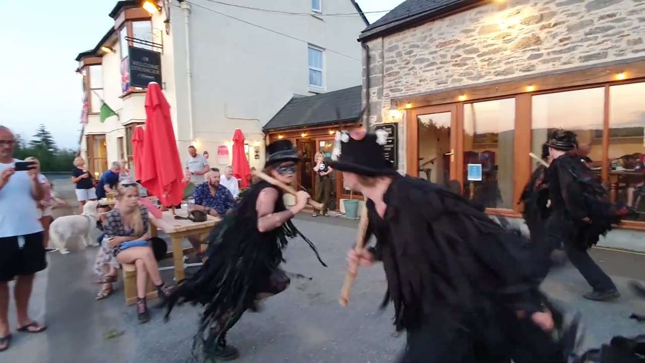 Beltane Border Morris dancing Cross Tree at the Welcome Stranger, Liverton, Devon on Thu 22 Jul 2021