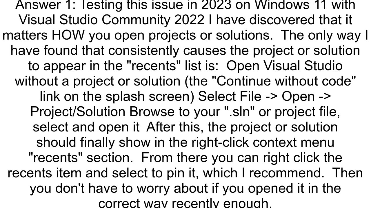 Recent project on Visual Studio does not appear on rightclick Windows