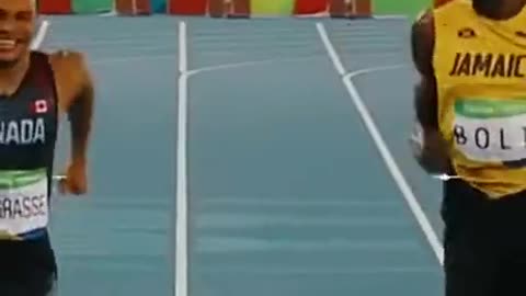 his happy face for running alongside the bolth without caring if he will win or not