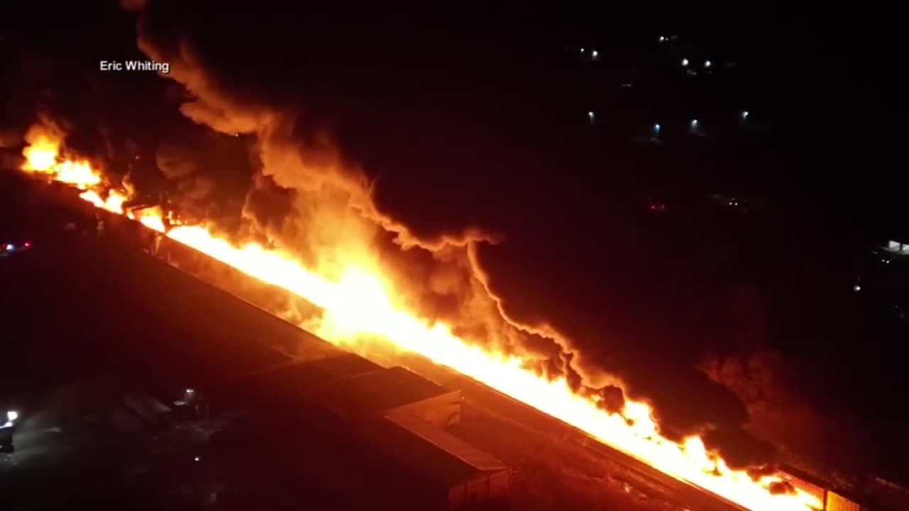 Drone video shows train accident, fire in East Palestine, Ohio