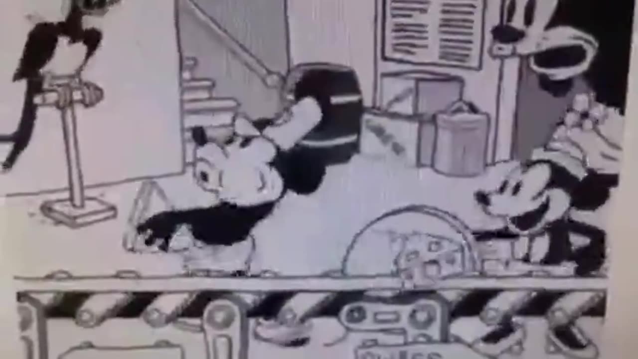 ONE OF DISNEY'S FIRST FILMS, NOTICE WHAT MICKEY IS MAKING THE HOLES IN THE CHEESE WITH