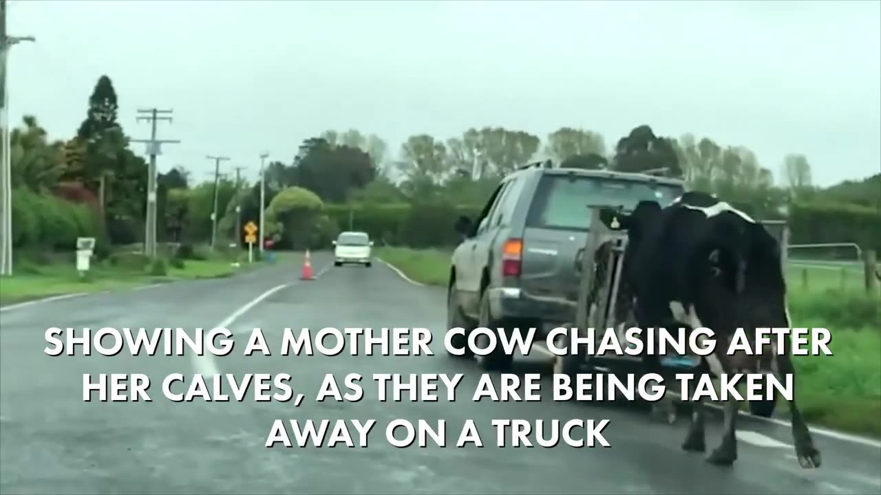 A desperate cow chasing after her calves on their way to slaughter
