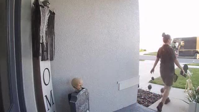 Delivery Driver Spooked by Skull Animatronics