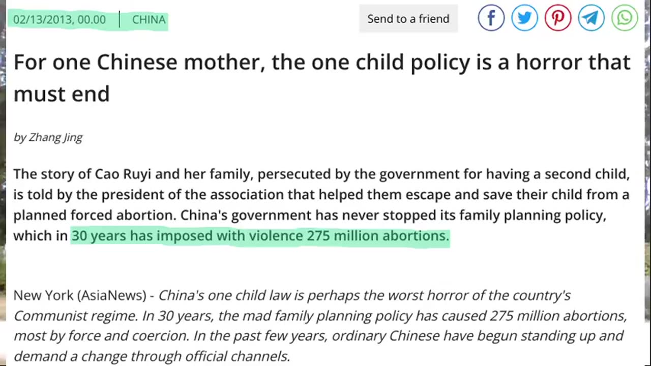 CHINA'S FAILED ONE-CHILD POLICY HORROR IS THE GLOBALIST PLAN FOR THE WORLD (SHARE)