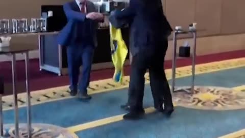 A Ukrainian delegate punches and pushes RUSSIAN DELEGATE