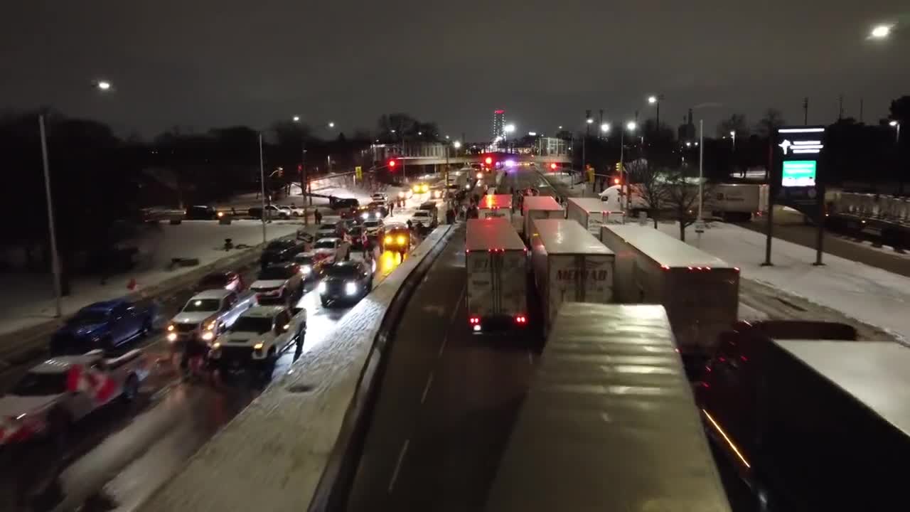 Drone Footage of Ambassador Bridge Blockade Windsor/Detroit