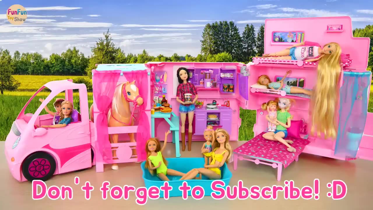 Barbie Sisters' Deluxe Camper Unboxing & Setup! Boneka Barbie Kemping Boneca Barbie Campista