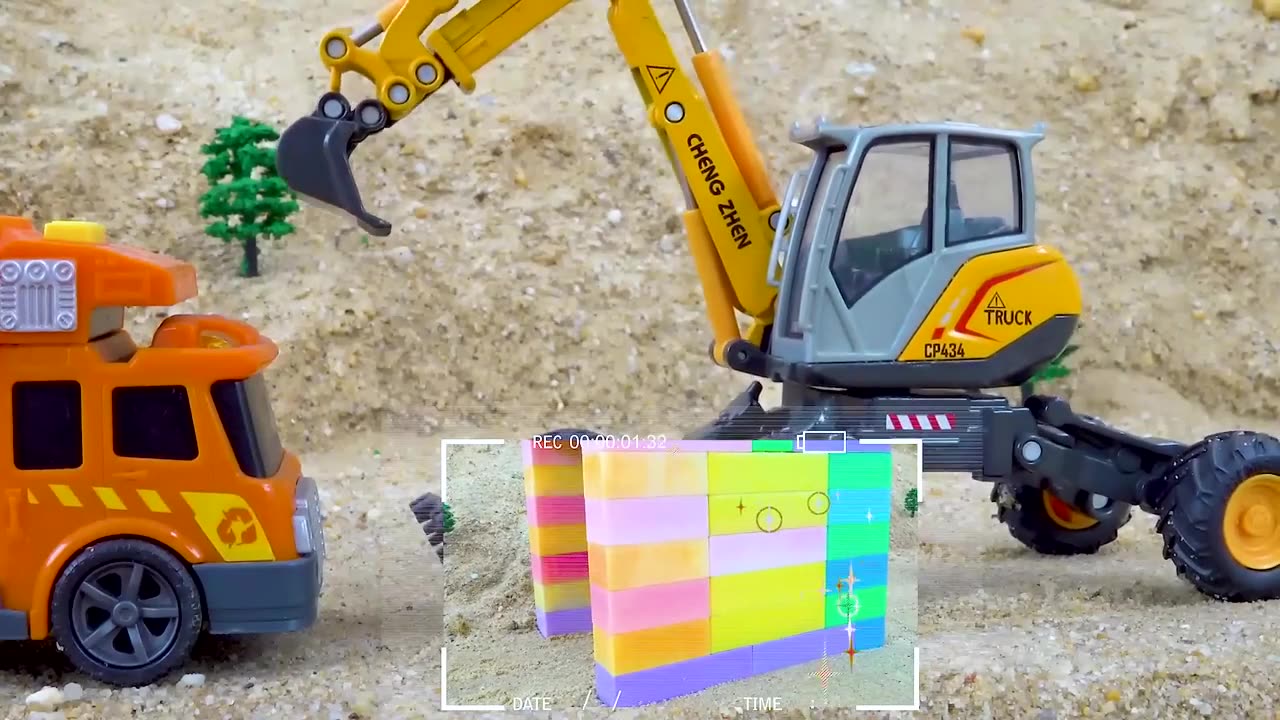 Construction vehicle repair the road l excavator, crane truck and dump truck for kids.