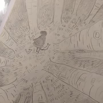 Little girl in the forest, simple illustration