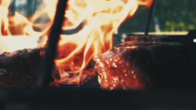 Beef cooked over a blue fire