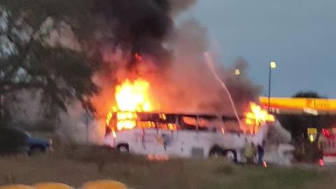 No injuries reported. Bus fire on I-10 in Beaumont, Texas at Smith Road exit on December 18, 2022