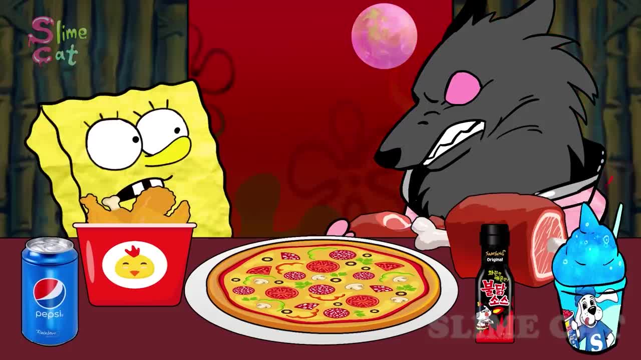 Pink Food Vs Yellow Food💖💛 Mukbang Animation🐺🍕Werewolf Mukbang! SpongeBob Animation _ SLIME CAT