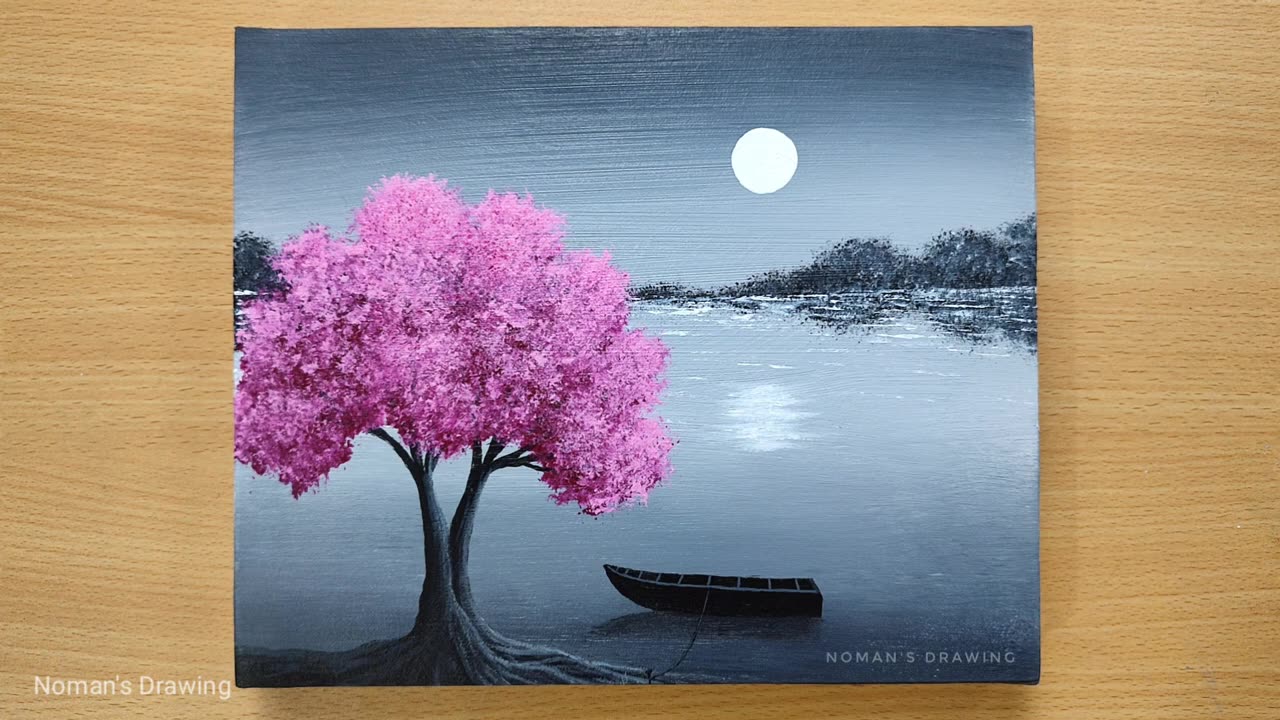 Black & White Landscape Painting for Beginners / Cherry Blossom / Acrylic Painting Technique