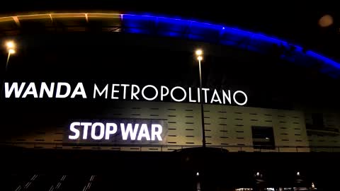 Atletico Madrid's stadium lights up in Ukrainian flag