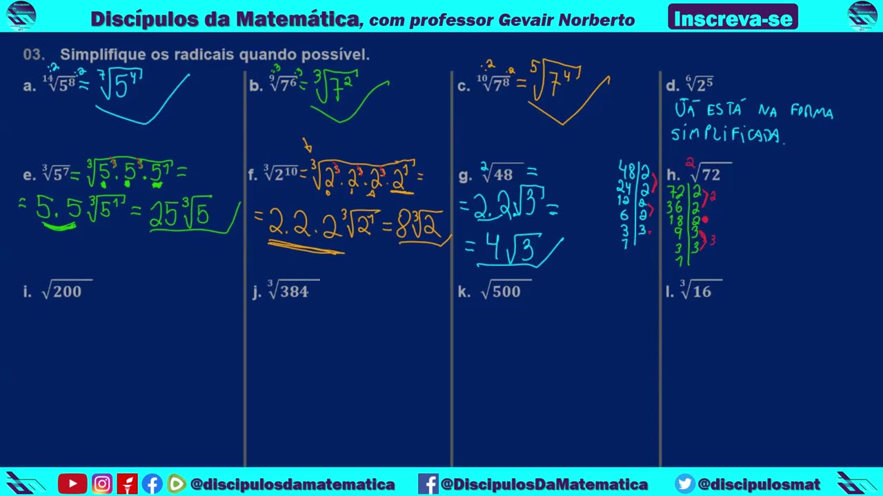 Em casa 03) Simplifique os radicais quando possível - Discípulos da matemática