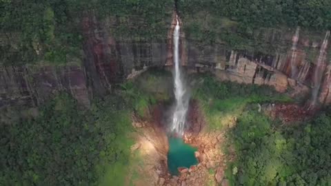 Aerial View of Tallest Plunge Waterfalls in India Found in Meghalaya