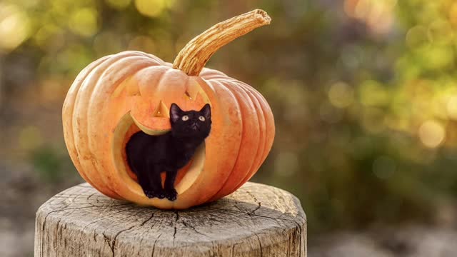 Cute sleepy cat in pumpkins