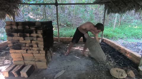 Primitive Technology: Wood Ash Cement & Fired Brick Hut