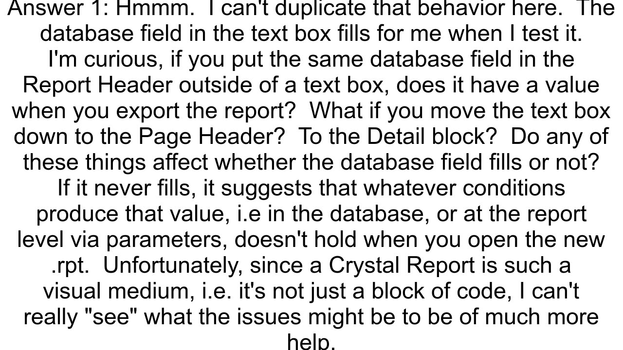 Crystal Reports is not showing values for database fields in text objects