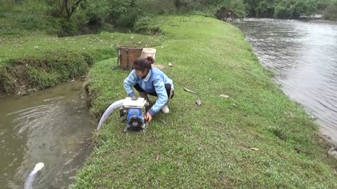 Hunting wild fish | Catch a lot of fish in the wild lake by using the big pump to suck the water-12