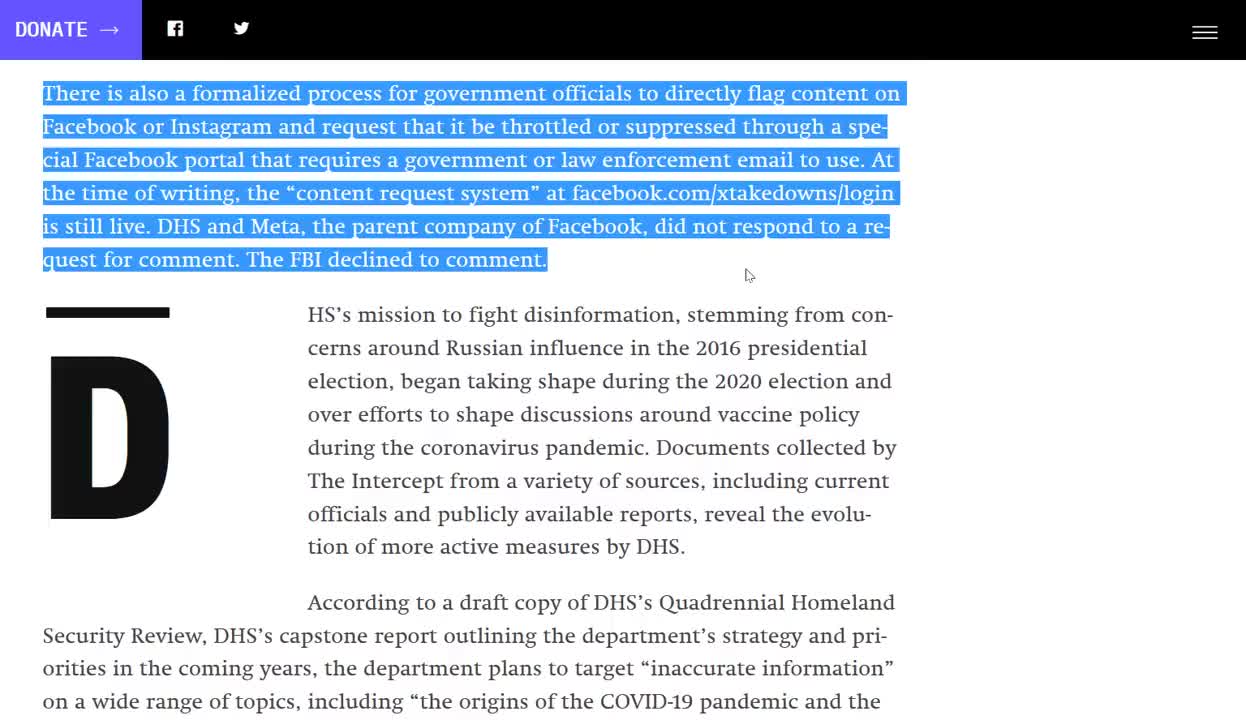 La censura ombra del governo degli USA su tutti i social media.I documenti mostrano come l'FBI e il DHS si siano coordinati con i siti di social media per censurare attivamente il dissenso.