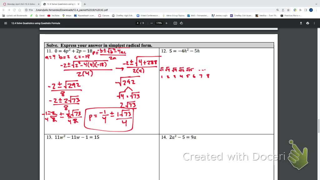 IM2 Alg 1 Traditional 12.4 Quadratic Formula