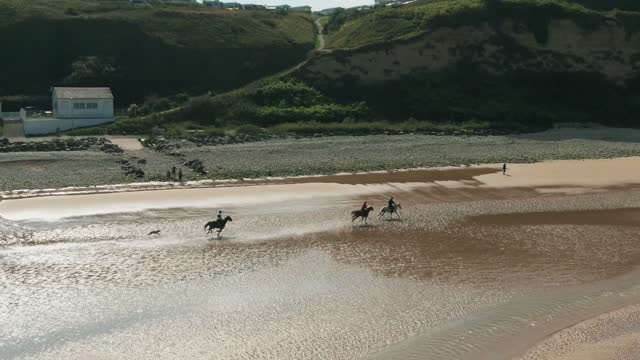 Aerial Footage Of Men Enjoying Horseback Riding Along The Seashore