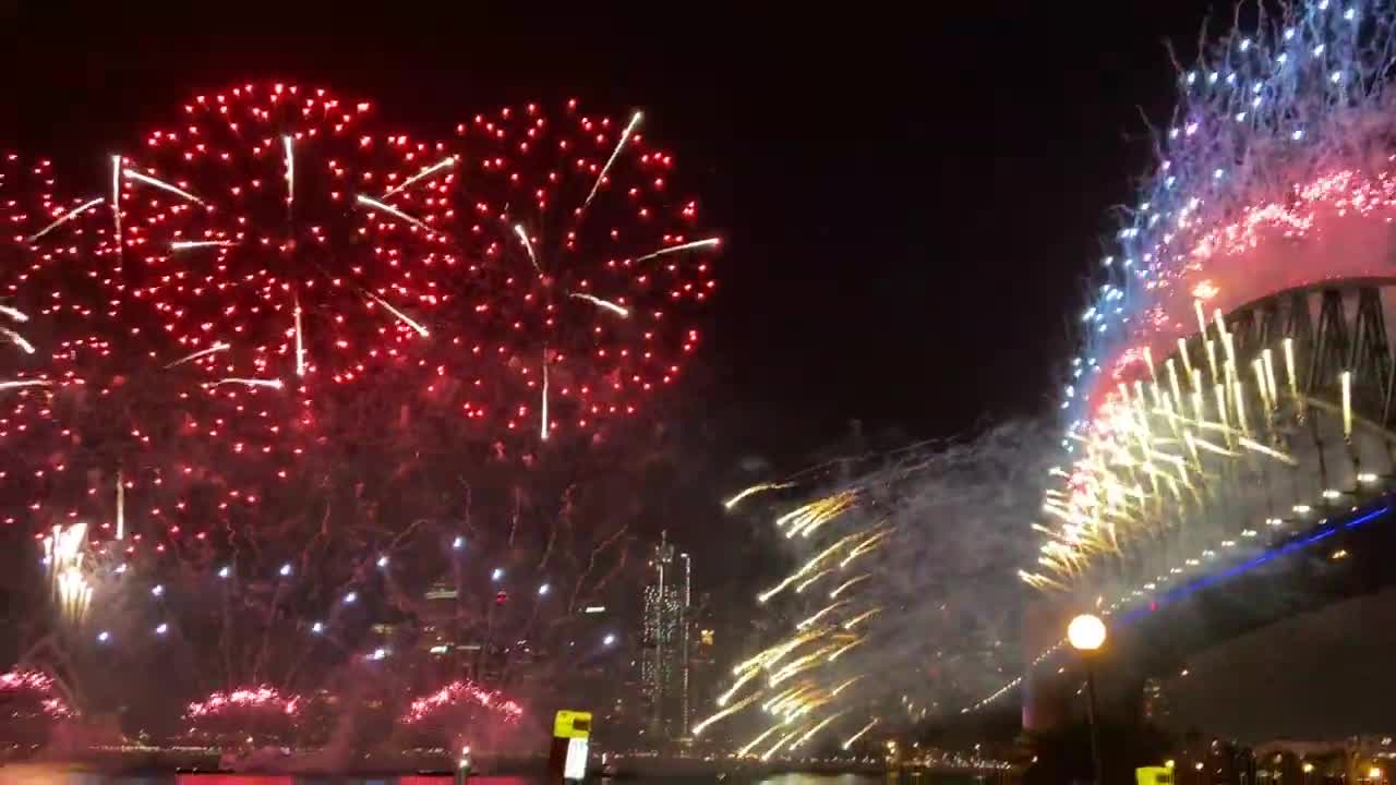 Year Night Fireworks and Crowds Celebrations in Sydney Harbor