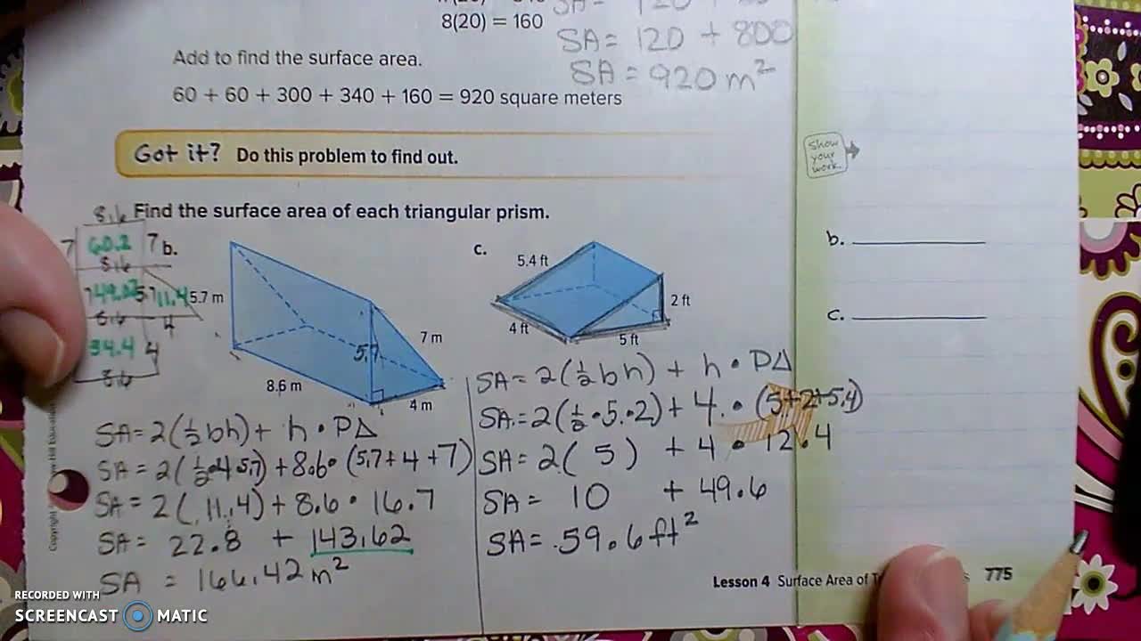 Gr 6 - Ch 10 - Lesson 4 - PART 2 - Surface Area of Triangular Prisms