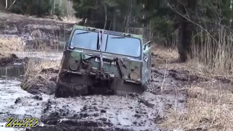 Dangerous Extreme Off Road Vehicles Driving Skills Operator Truck Stuck in Mud & Cross The River