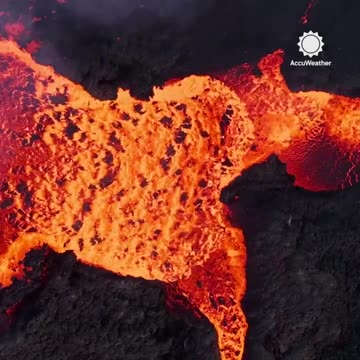drone footage captures a lava flow during a volcanic eruption on Iceland’s Reykjanes