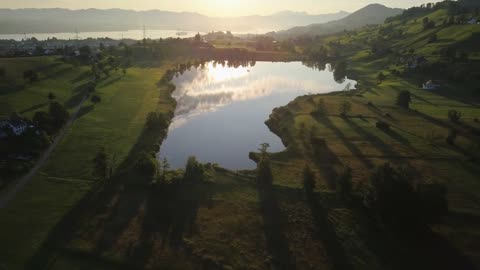 Aerial View of Swiss Lake in Summer in Zurich, Switzerland