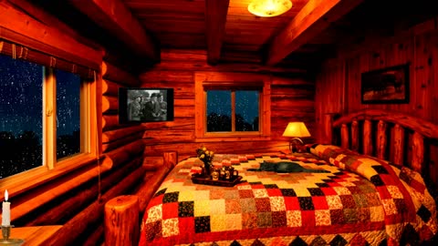 Cabin during rainstorm with old movie in background.