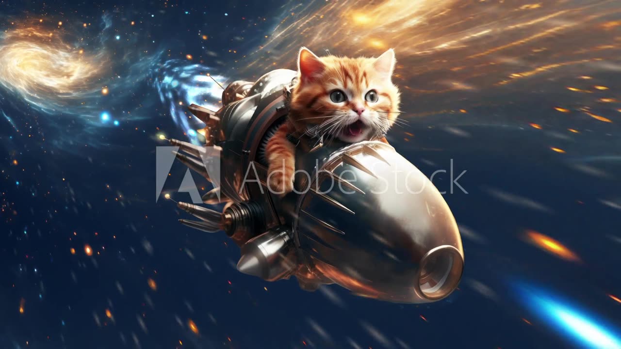 cat flying on rocket